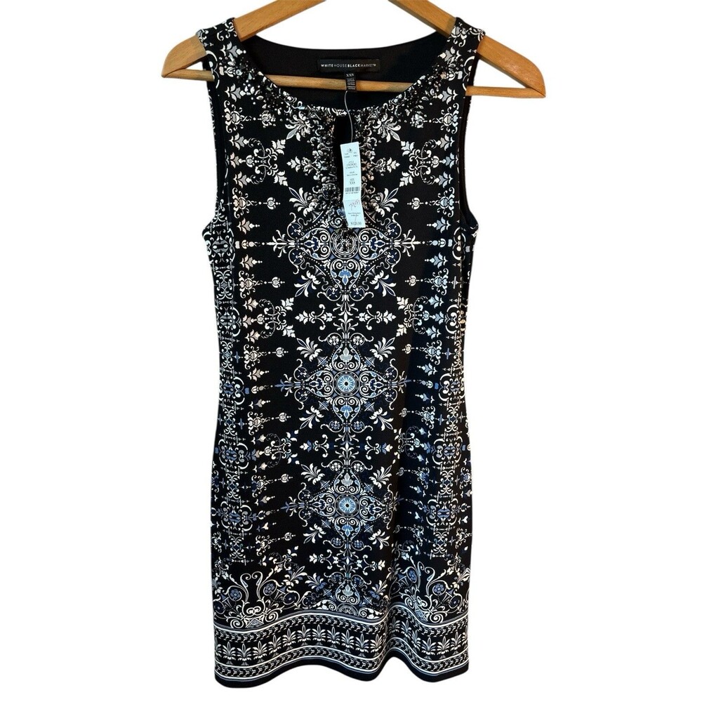 WHBM Medallion Print Shift Dress Embellished Floral Black Sz XXS Career